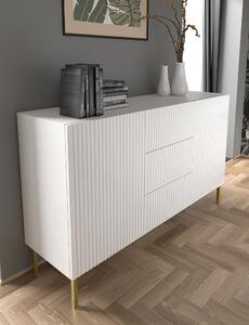 Komoda RAVENNA B 150 cm 2D3S rám BÍLÝ MAT / BÍLÝ MAT Příborník MDF 2 dvířka 3 zásuvky Vysoká skříňka s otevřenými policemi Bufet s frézovanými čely