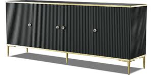 Komoda PETRA 182 cm 4D BLACK MATT se zlatými kovovými nožičkami Příborník MDF 4 dvířka Vysoká skříňka s otevřenými policemi Bufet s frézovanými čely a boky