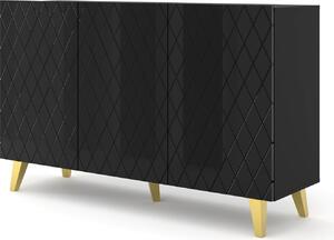 Komoda DIUNA 3D 145 cm na nožičkách ČERNÝ MAT / ČERNÝ LESK 3 dveře příborník skříňka bufetová