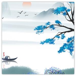 Obraz - Malované jezero s loďkou (30x30 cm)