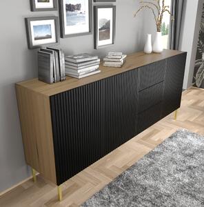 Komoda RAVENNA š 200 cm 3D3S rám ARTISAN OAK / BLACK MATT Příborník MDF 3 dvířka 3 zásuvky s kovovými nožičkami Kovový rám nohy Zlatý nebo černý kovový rám Skříňka s vysokou deskou otevřené police Bufet s frézovanými čely