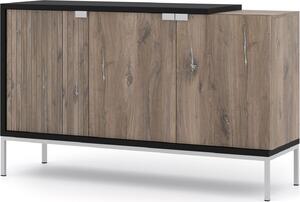 Komoda TOLEDO 144 cm 3D OAK FLAGSTAFF / BLACK MATT - Příborník se stříbrným rámem - Moderní komoda se 3 dvířky do ložnice nebo obývacího pokoje