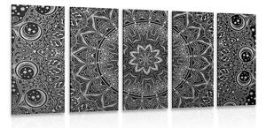5-dílný obraz orientální Mandala v černobílém provedení