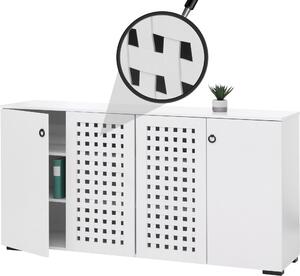 Píborník HWC-N87, komoda skíový píborník, 3D proutný design 4 dveře 9 úloných prostor 83x159x37cm bílá
