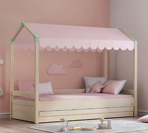 Domečková postel se stříškou a úložným prostorem Fairy II - dub světlý/růžová