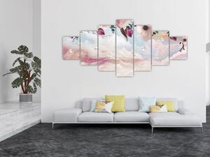 Obraz růžových květů s růžovým mramorem (210x100 cm)
