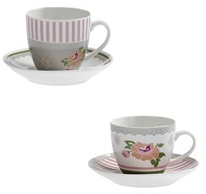 Sada 2 šálků s podšálky na čaj / kávu Peonia BRANDANI (barva - porcelán, bílá/růžová/šedá)
