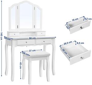 SONGMICS Toaletní stolek bílý se stoličkou 3 zrcadla 90 x 145 x 40 cm
