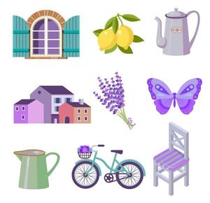 Ilustrace set of color flat vector icons for Provence travel, kukurikov, (40 x 40 cm)