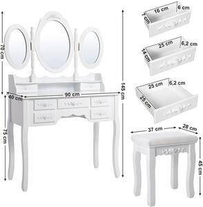SONGMICS Toaletní stolek 3 oválná zrcadla bílý 90 x 146 x 40 cm