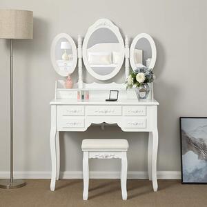 SONGMICS Toaletní stolek 3 oválná zrcadla bílý 90 x 146 x 40 cm