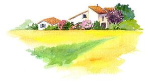 Ilustrace Rural house and yellow field in, zzorik