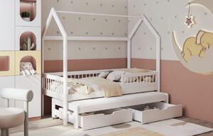 Dětská domečková postel z masivu borovice ASHER se šuplíky a přistýlkou - 200x90 cm - bílá