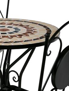 Zahradní set, stůl + 2 židle, s keramickou mozaikou, kovová konstrukce, černý matný lak