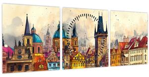 Obraz - Podzim v malovaném městě (s hodinami) (90x30 cm)