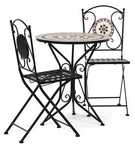 Zahradní set, stůl + 2 židle, s keramickou mozaikou, kovová konstrukce, černý matný lak