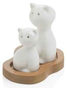 Solnička a pepřenka kočičky BRANDANI (barva - bílý porcelán/ miska bambus)