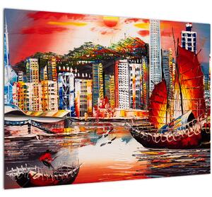 Skleněný obraz - Victoria Harbor, Hong Kong, olejomalba (70x50 cm)