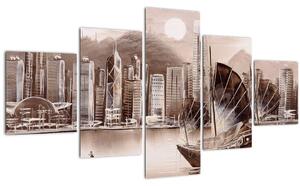 Obraz - Victoria Harbor, Hong Kong, sépiový efekt (125x70 cm)