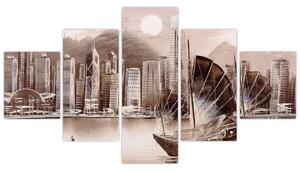 Obraz - Victoria Harbor, Hong Kong, sépiový efekt (125x70 cm)