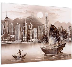 Skleněný obraz - Victoria Harbor, Hong Kong, sépiový efekt (70x50 cm)