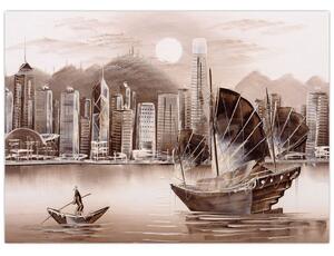 Obraz - Victoria Harbor, Hong Kong, sépiový efekt (70x50 cm)