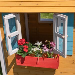 KONDELA Dřevěný zahradní domek s květináčem, přírodní / bílá / modrá / červená, AVILO
