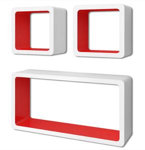 3 červeno-bílé plovoucí MDF police / kostky na knihy/DVD