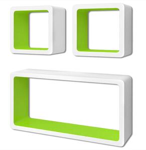 3 zeleno-bílé plovoucí MDF police / kostky na knihy a DVD