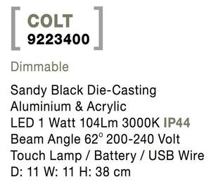 Nova Luce Venkovní stolní lampa COL, LED 2W 3000K IP54 62st. 5V DC vypínač na těle USB kabel stmívatelné Barva: Černá