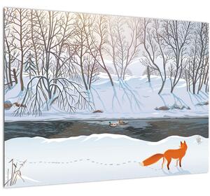 Skleněný obraz - Liška v zimní krajině (70x50 cm)