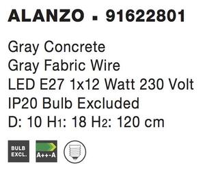 Nova Luce Závěsné svítidlo ALANZO šedý beton šedý kabel E27 1x12W