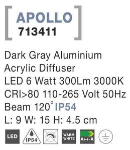 Nova Luce Venkovní nástěnné svítidlo APOLLO tmavě šedý hliník akrylový difuzor LED 5W 3000K, IP54