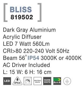Nova Luce Venkovní nástěnné svítidlo BLISS tmavě šedý hliník akrylový difuzor LED 7W 3000K 56st. IP54 vč. driveru