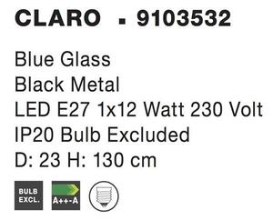 Nova Luce Závěsné svítidlo CLARO modré sklo černý kov E27 1x12W