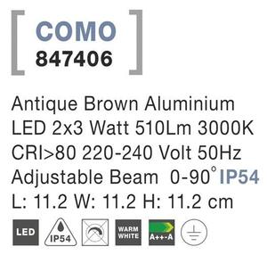 Nova Luce Venkovní nástěnné svítidlo COMO antický hnědý hliník LED 2x3W 3000K nastavitelný úhel 0-90st. IP54