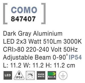 Nova Luce Venkovní nástěnné svítidlo COMO tmavě šedý hliník LED 2x3W 3000K 3000K nastavitelný úhel 0-90st. IP54