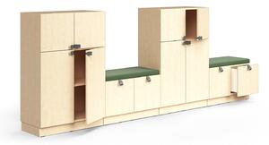 AJ Produkty Sestava skříní QBUS, 2 skříně, 2 lavice s úložným prostorem a zeleným podsedákem, sokl, úchytky, 125