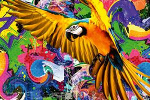 DIMEX | Vliesová fototapeta Barevný papoušek MS-5-0399 | 375 x 250 cm | modrá, žlutá, růžová
