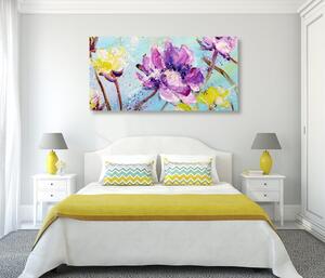 Obraz malba žlutých a fialových květů Varianta: 120x60