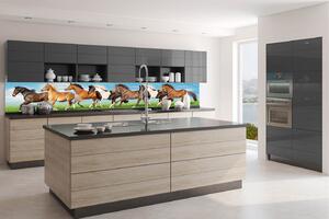 DIMEX | Fototapeta do kuchyně Stádo koní KI-350-111 | 350 x 60 cm | zelená, modrá, hnědá