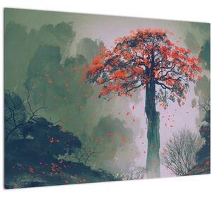 Skleněný obraz osamoceného červeného stromu (70x50 cm)