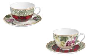 Set 2 kusů šálků s podšálky na kávu, čaj Sottobosco BRANDANI (barva - porcelán, červená, zelená,bílá)