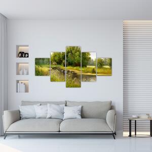Obraz - Řeka u lesa, olejomalba (125x70 cm)