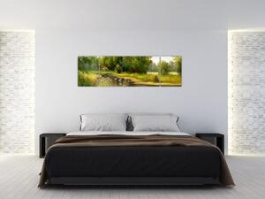 Obraz - Řeka u lesa, olejomalba (170x50 cm)