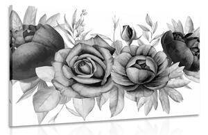 Obraz okouzlující kombinace květů a listů v černobílém provedení Varianta: 120x80