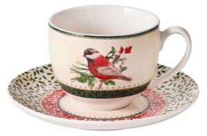 Sada 2 šálků s podšálkami na čaj/kávu 250 ml s motivem ptáčka CANTICO BRANDANI (barva - porcelán, bílá/červená/zelená)
