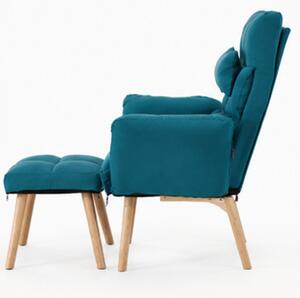 Relaxační křeslo, polohovací, s podnožkou, dřevo/textil, 101x85x69 cm, nohy světlé/tyrkysová, Dekorino SILVANA