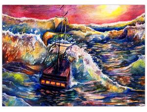 Obraz - Loď na oceánských vlnách, aquarel (70x50 cm)