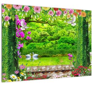 Obraz - Kouzelná zahrada s labutěmi (70x50 cm)